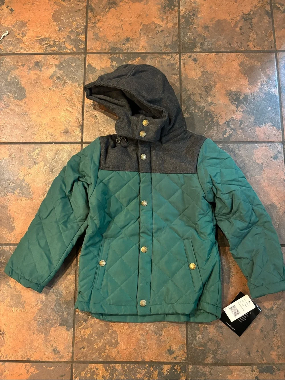 London Fog Quilted Hooded Puffer Jacket in green and Charcoal